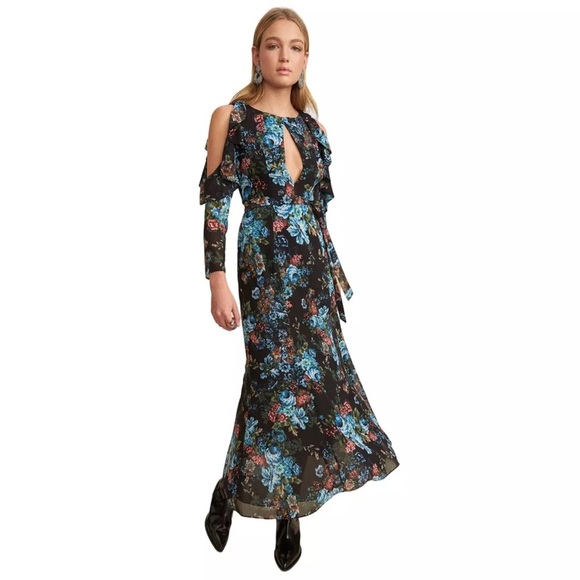 LPA Floral Maxi Ruffle Black & Blue Dress Size Small - Picture 1 of 13